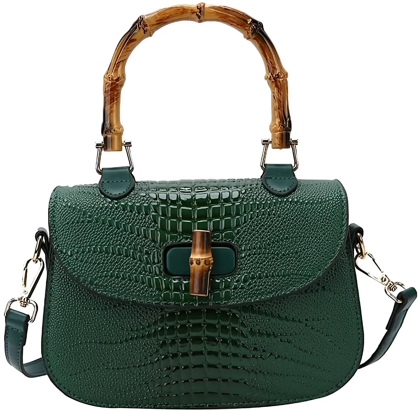Bamboo Handle Croc-Embossed Handbag