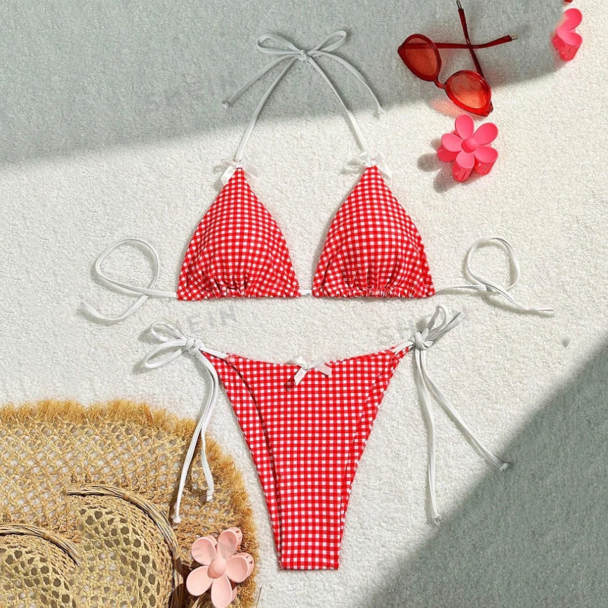 Plaid Lace-Up Bikini