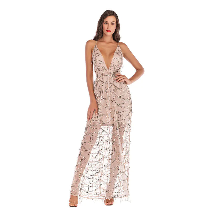 Sequin Strap Deep V-Neck Maxi Dress