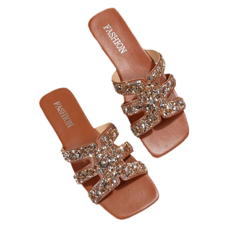 Rhinestone Low-Heeled Sandals