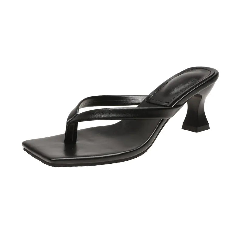 Square-Head Kitten Heel Cow Leather Beach Sandals