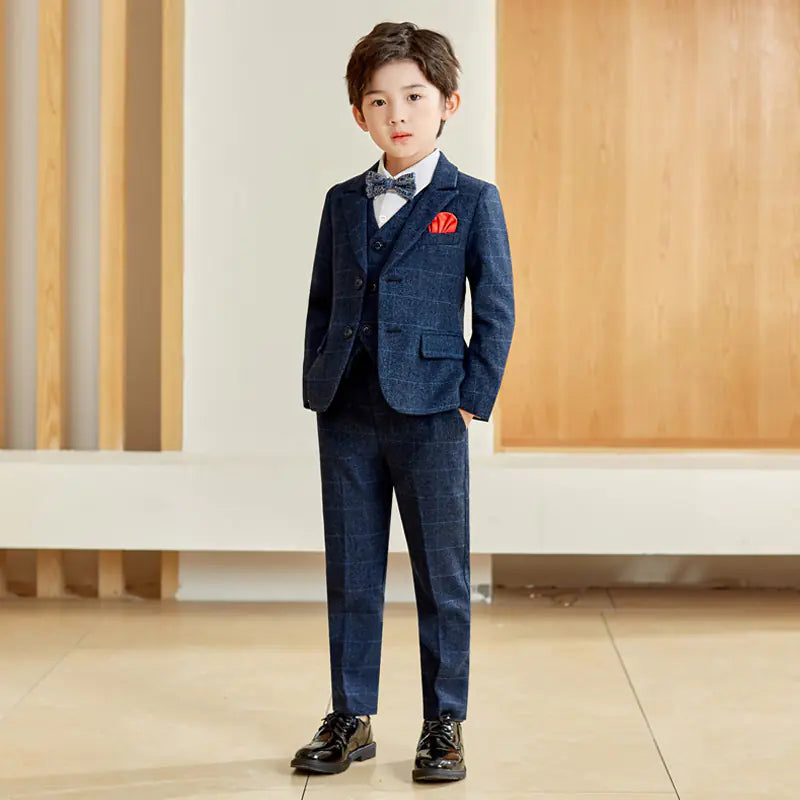 Gray Plaid Five-Piece Suit Set