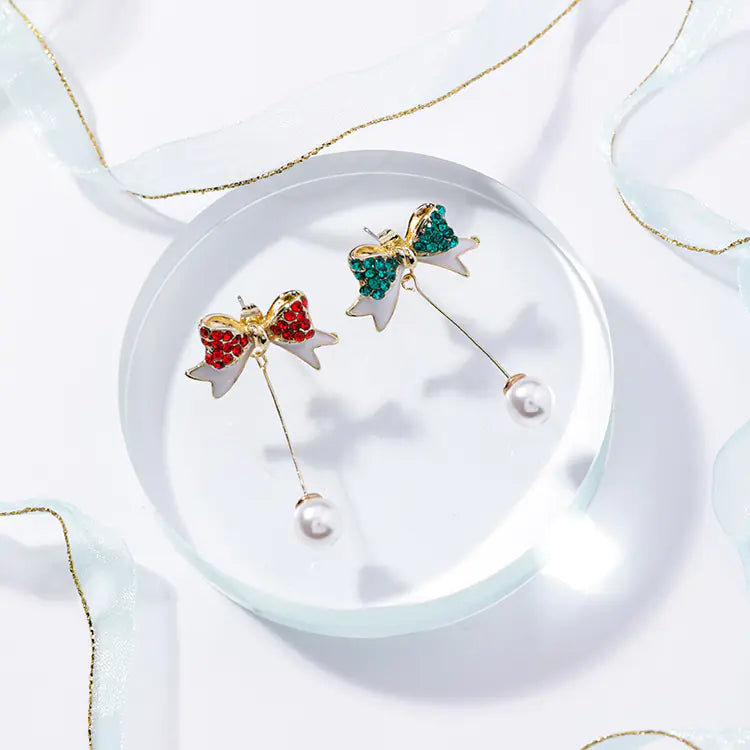 925 Silver Christmas Bow Pearl Earrings