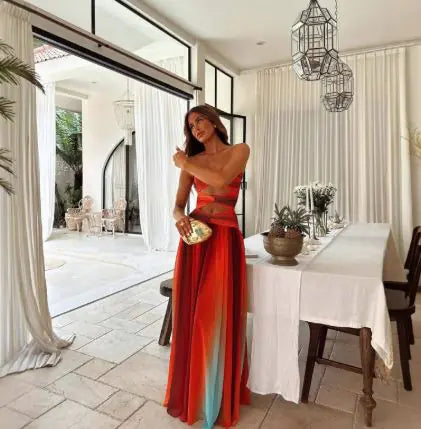Elegant Satin Gradient Backless Lace-Up Maxi Dress