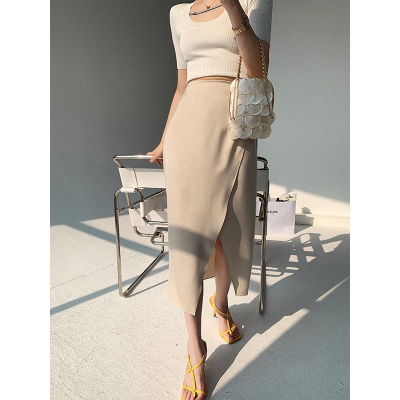 Irregular Slit Satin Skirt