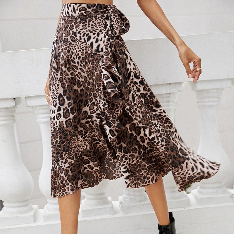 Irregular Leopard Print Lace-up Sexy Skirt with Ruffles