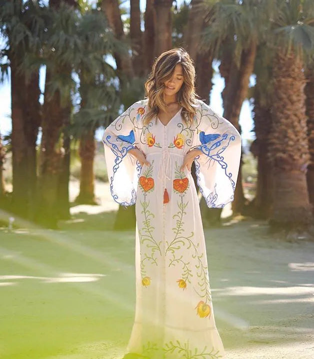 Bohemian Floral Embroidered Tassel Maxi Dress
