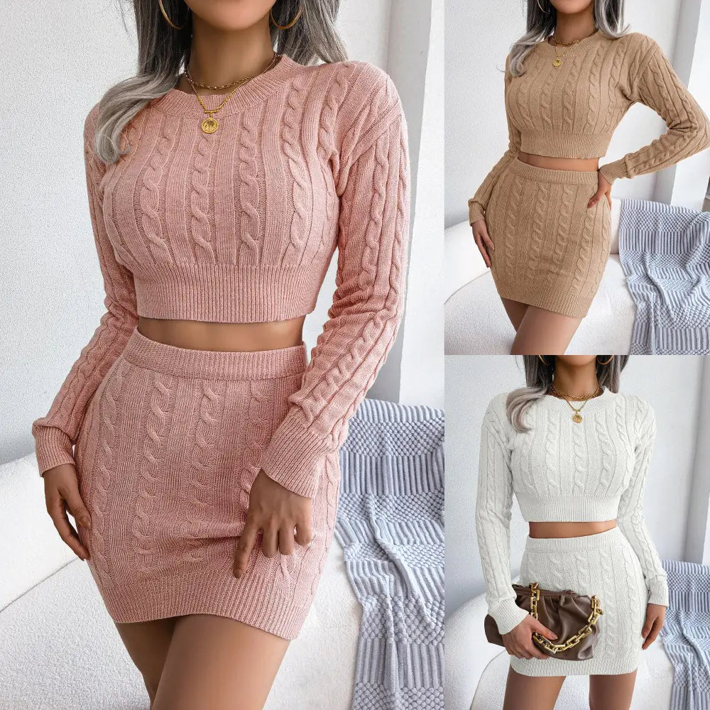 Sexy Cable Bodycon Knitted Skirt Suit