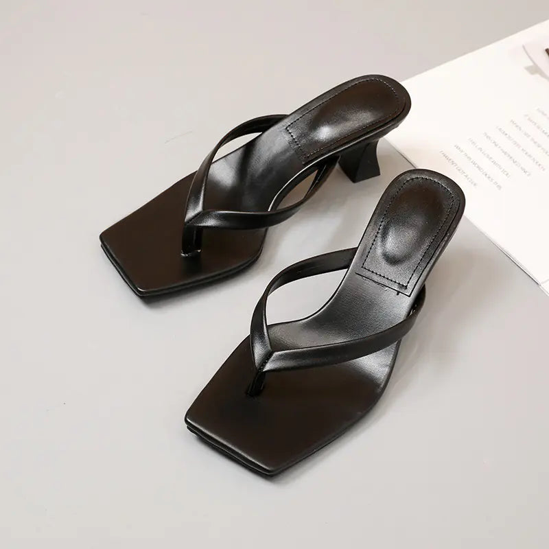 Square-Head Kitten Heel Cow Leather Beach Sandals