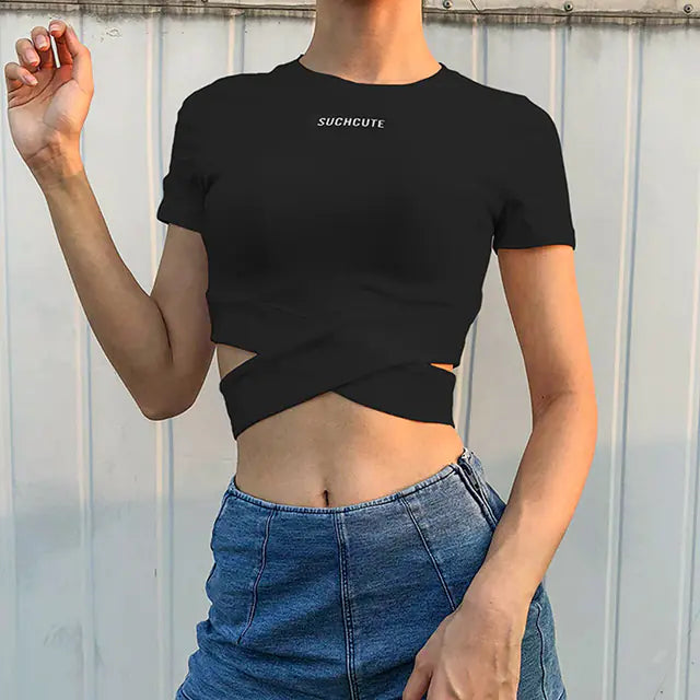 Letter Print Cross Slim Hollow Crop Top