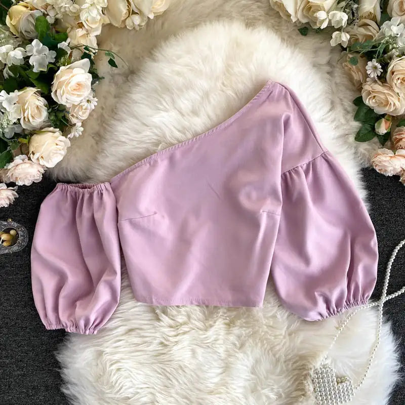 Oblique Collar Off-Shoulder Puff Sleeve Crop Top