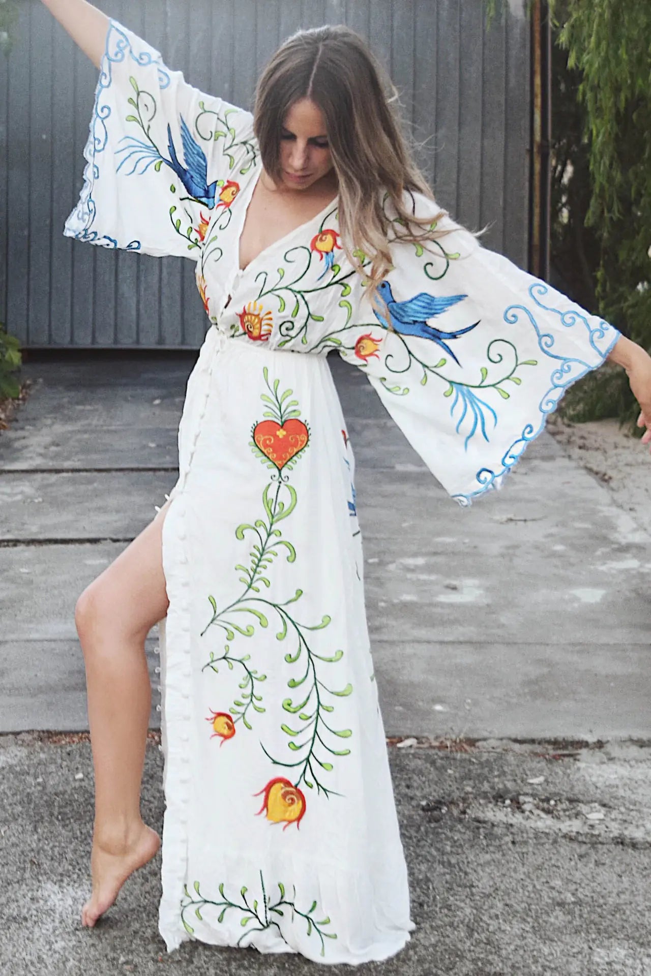 Bohemian Floral Embroidered Tassel Maxi Dress