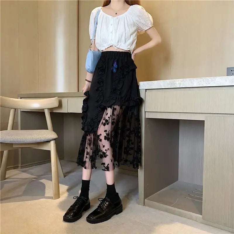 Black Irregular Design Gauze Skirt