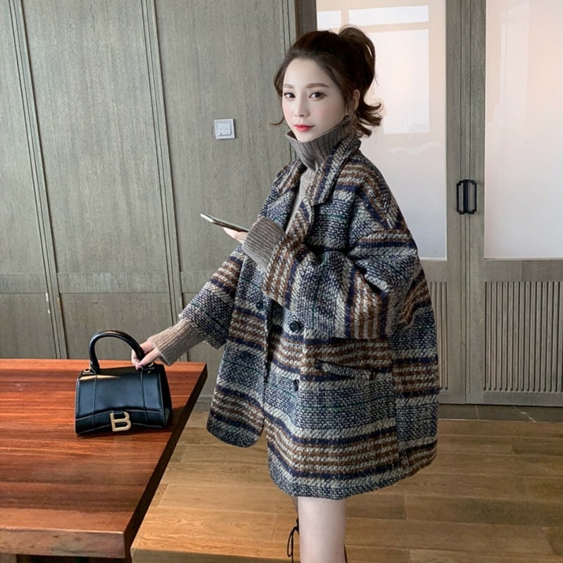 Loose Plaid Tweed Mid-Length Coat