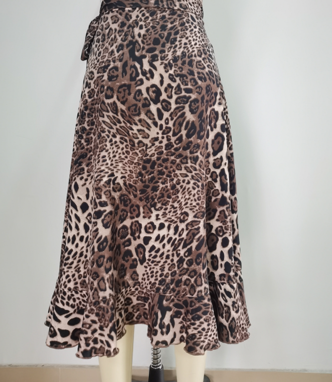 Irregular Leopard Print Lace-up Sexy Skirt with Ruffles