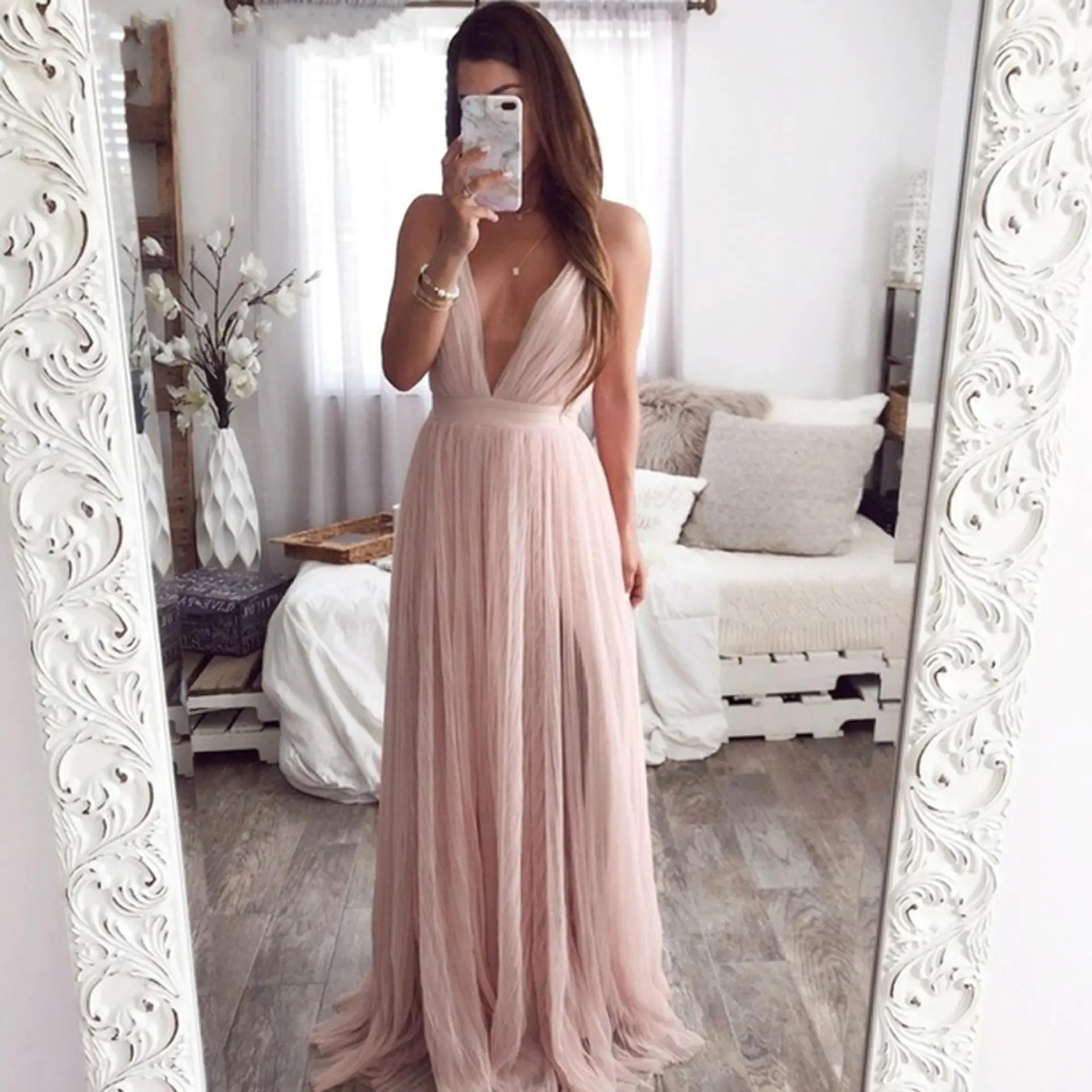 Deep V Neck Spaghetti Strap Dress