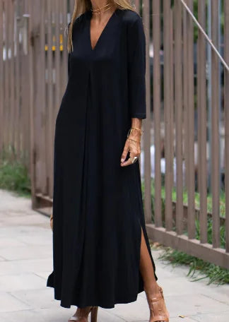 Solid Color V-Neck Seven-Point Sleeve Knitted Long Split Dress