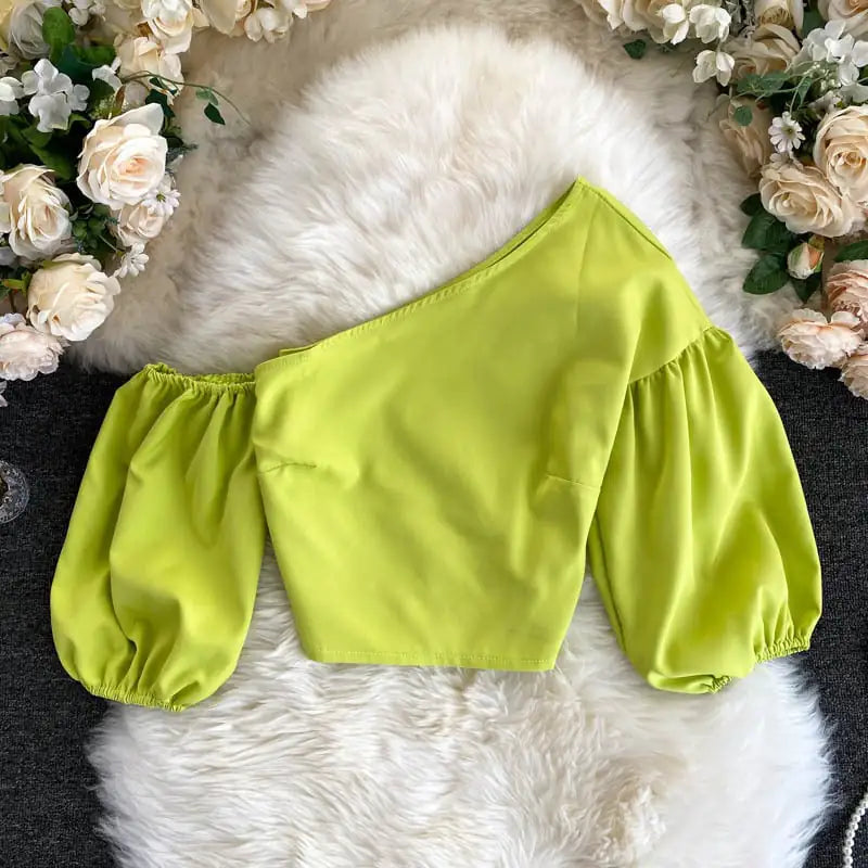 Oblique Collar Off-Shoulder Puff Sleeve Crop Top