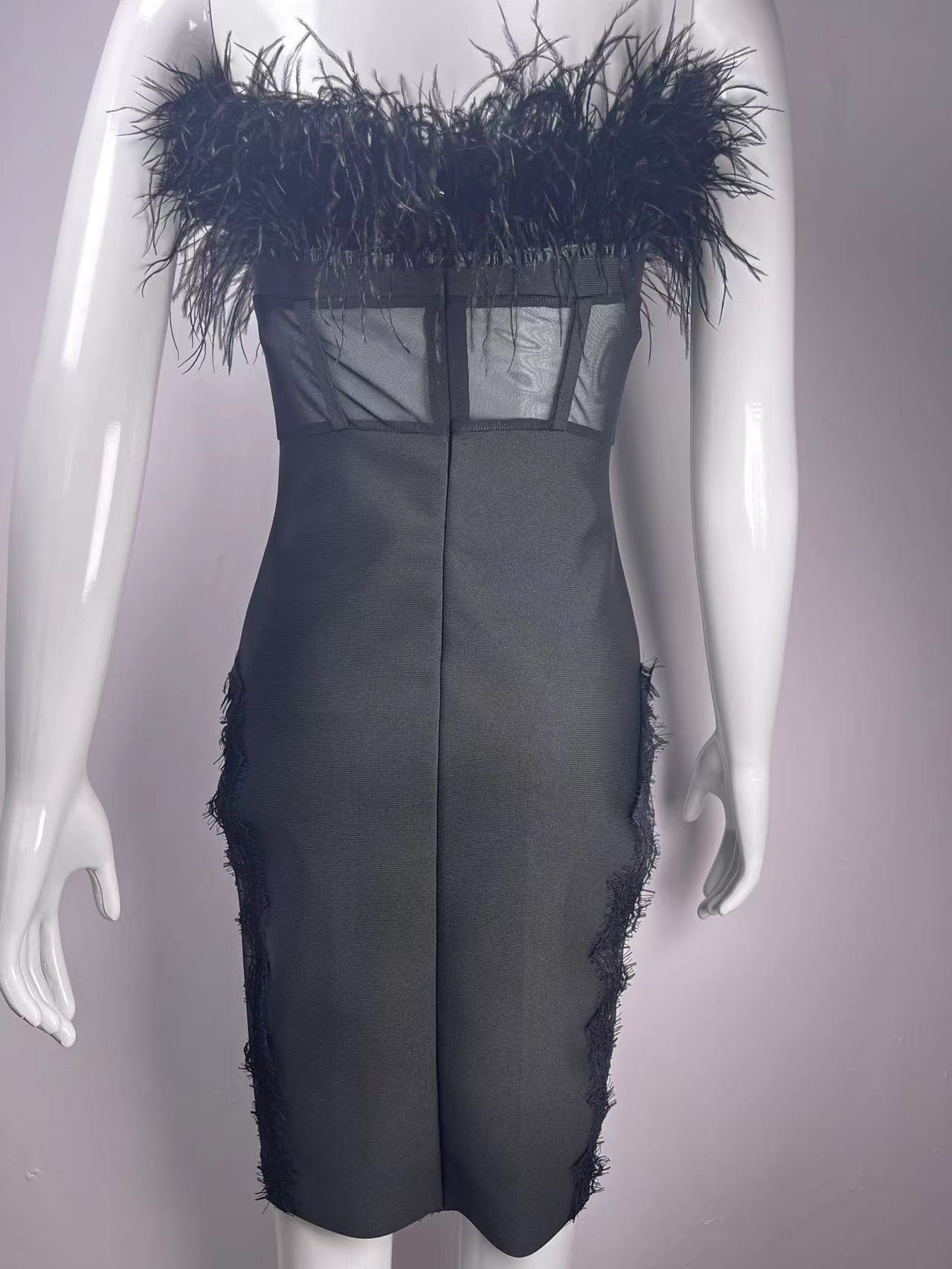 European and American Fashion Sexy Tube Top Ostrich Feather Mesh Lace Bandage One-Piece Dress