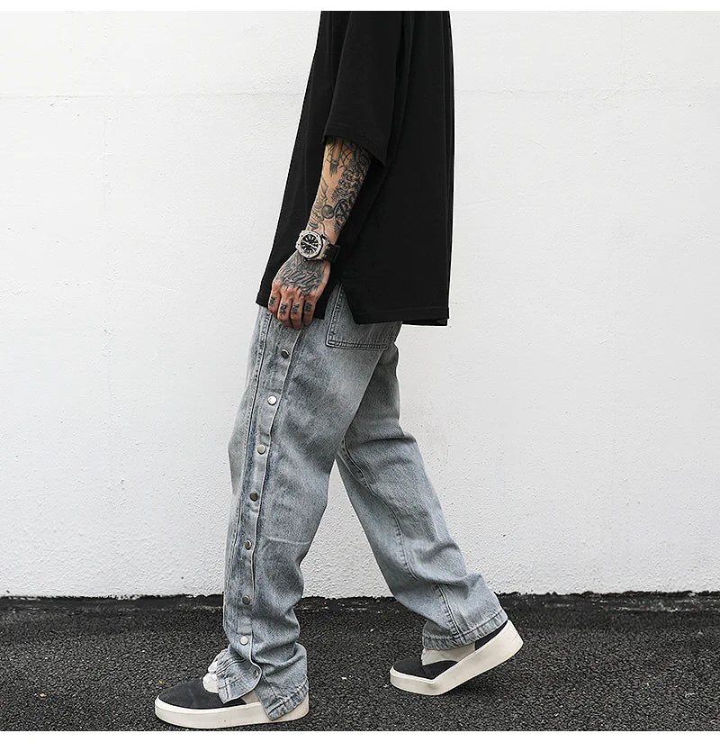 Vintage Washed Side-Button Straight-Leg Loose Denim Pants