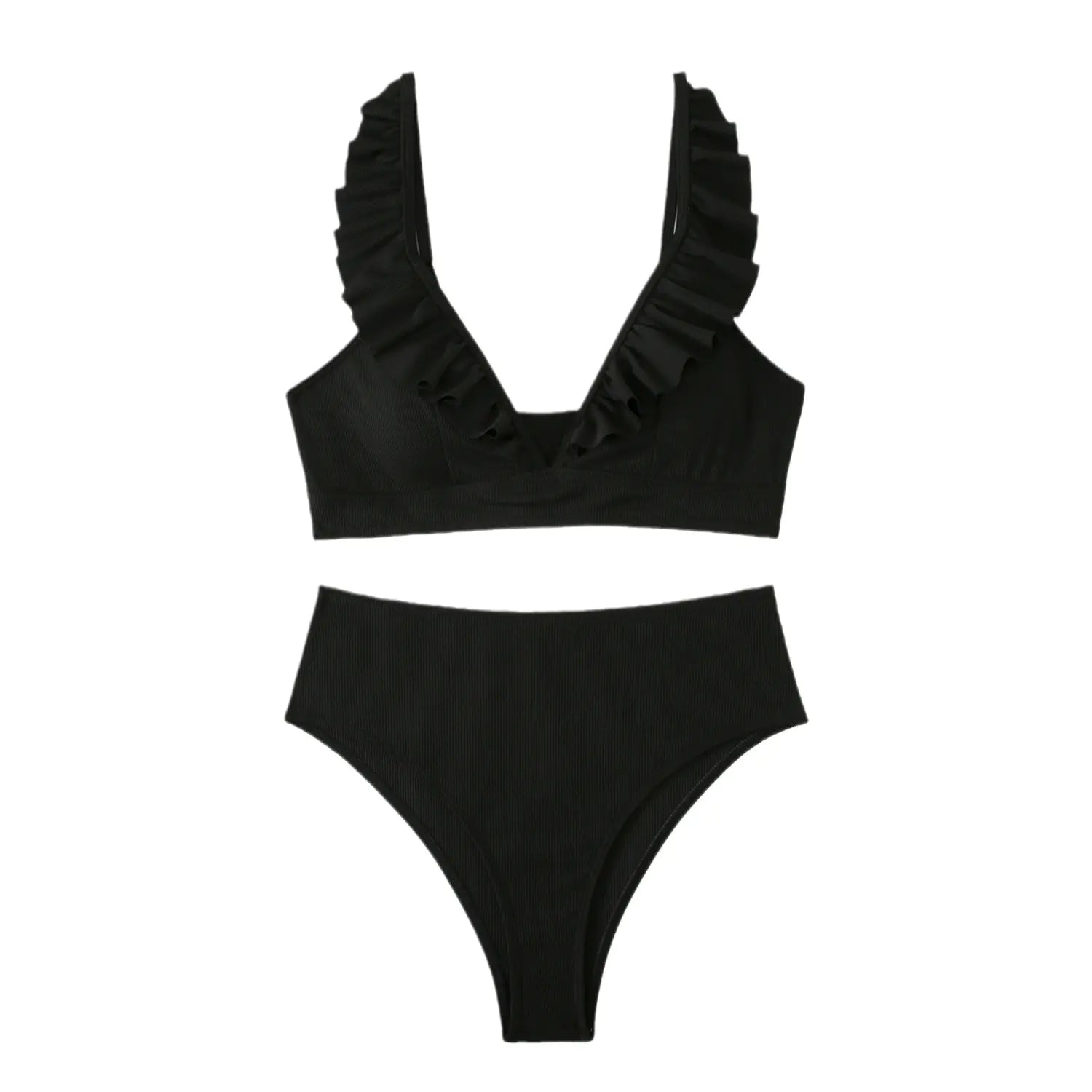 High-Waisted Striped Bikini with Ruffle Straps