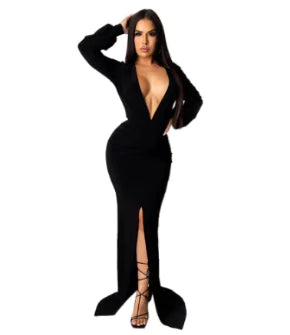 Solid Color Large V-Neck Slim Fitting Evening Dress