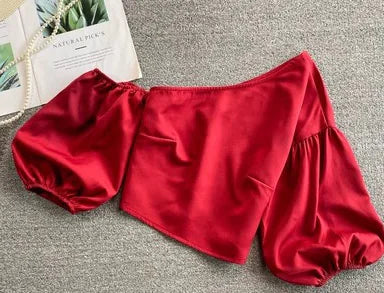 Oblique Collar Off-Shoulder Puff Sleeve Crop Top