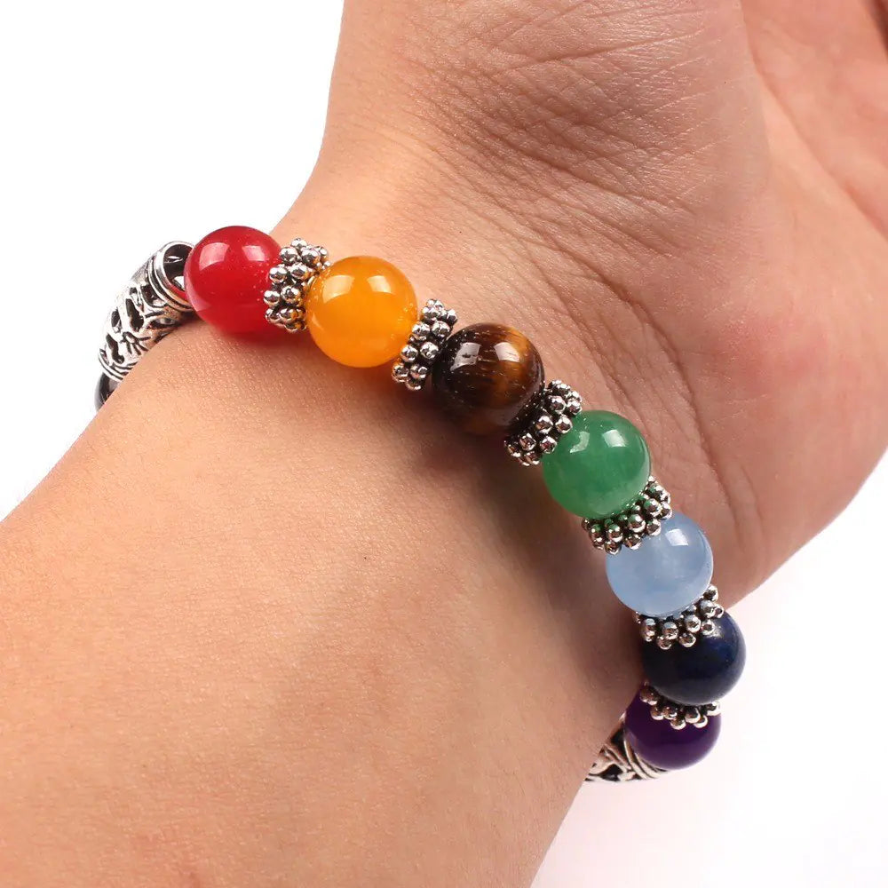 10mm Rainbow Chakra Natural Agate Stone Heart Bracelet Spiritual Elegance