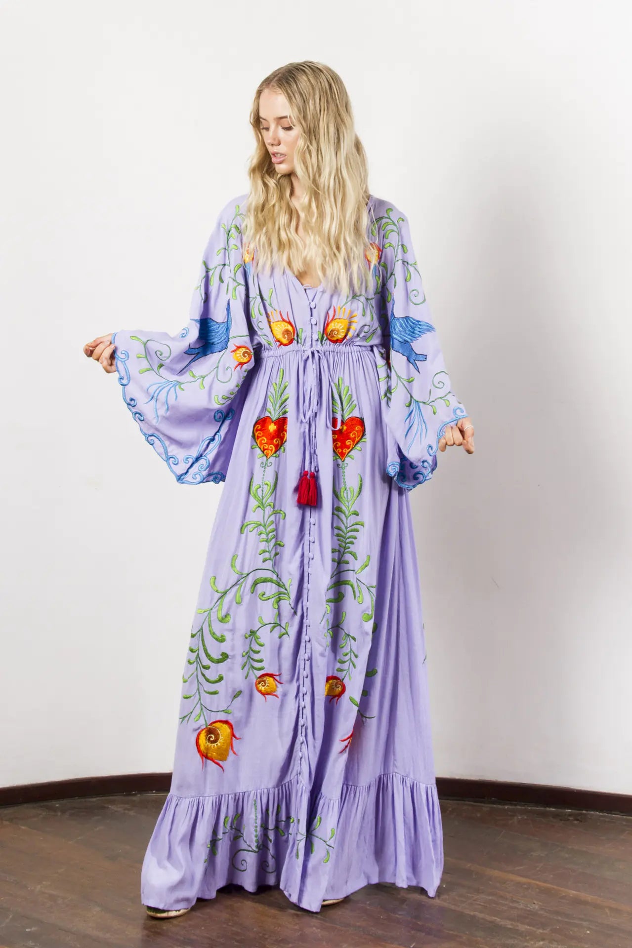 Bohemian Floral Embroidered Tassel Maxi Dress