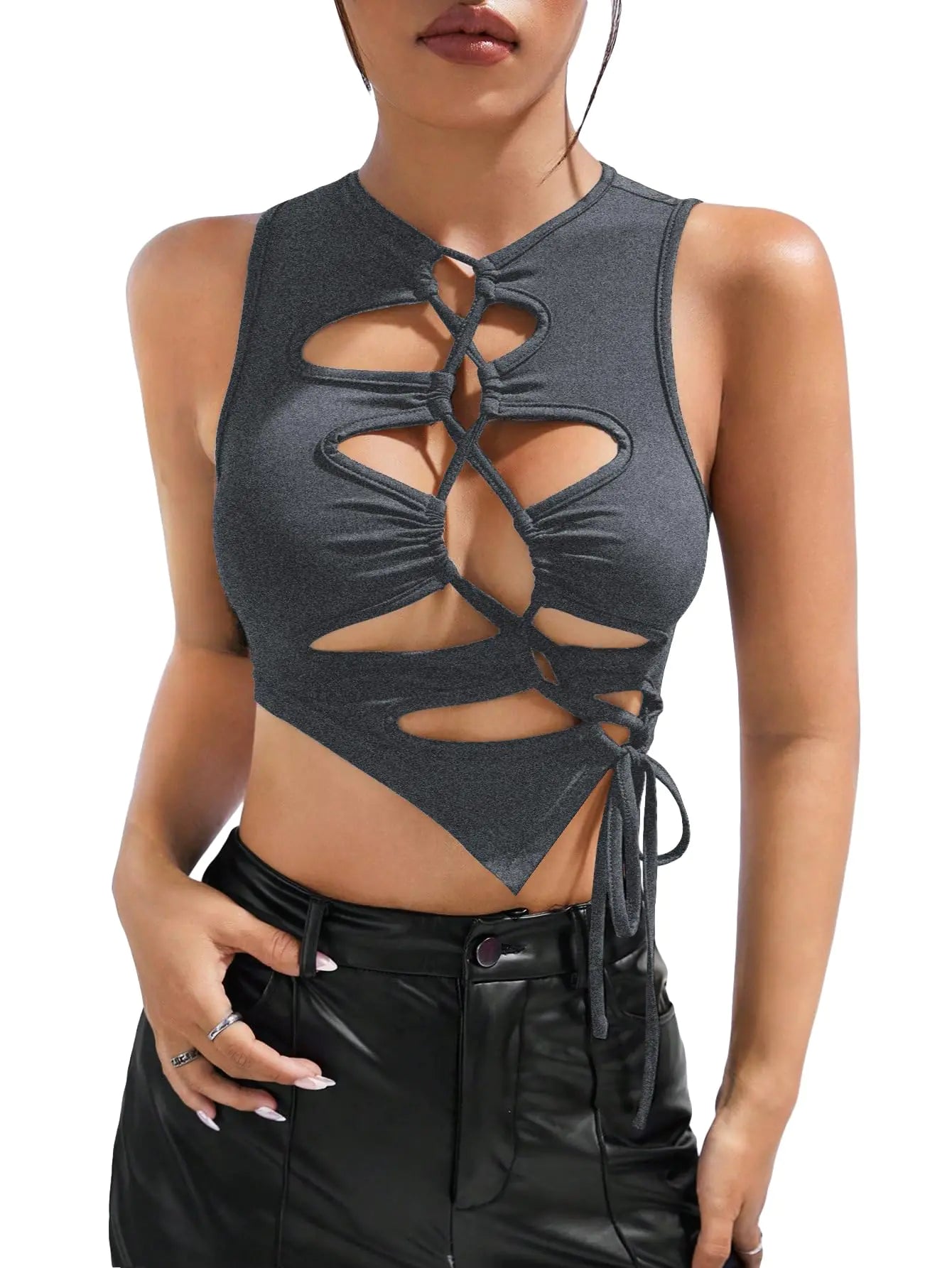 Round Neck Sleeveless Lace Up Knot Front Top