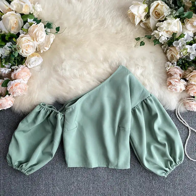 Oblique Collar Off-Shoulder Puff Sleeve Crop Top