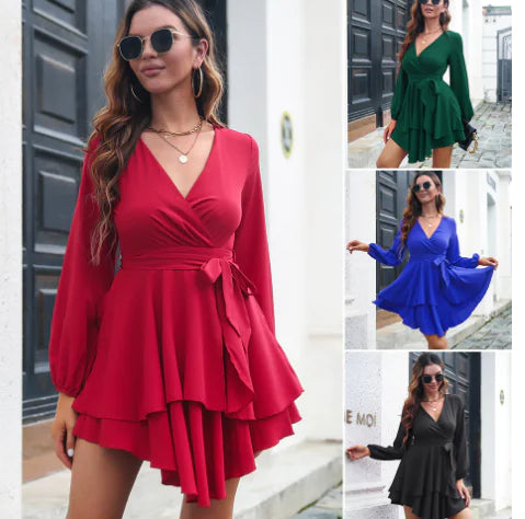 Ruffle Hem Pleated Long-Sleeve Dress