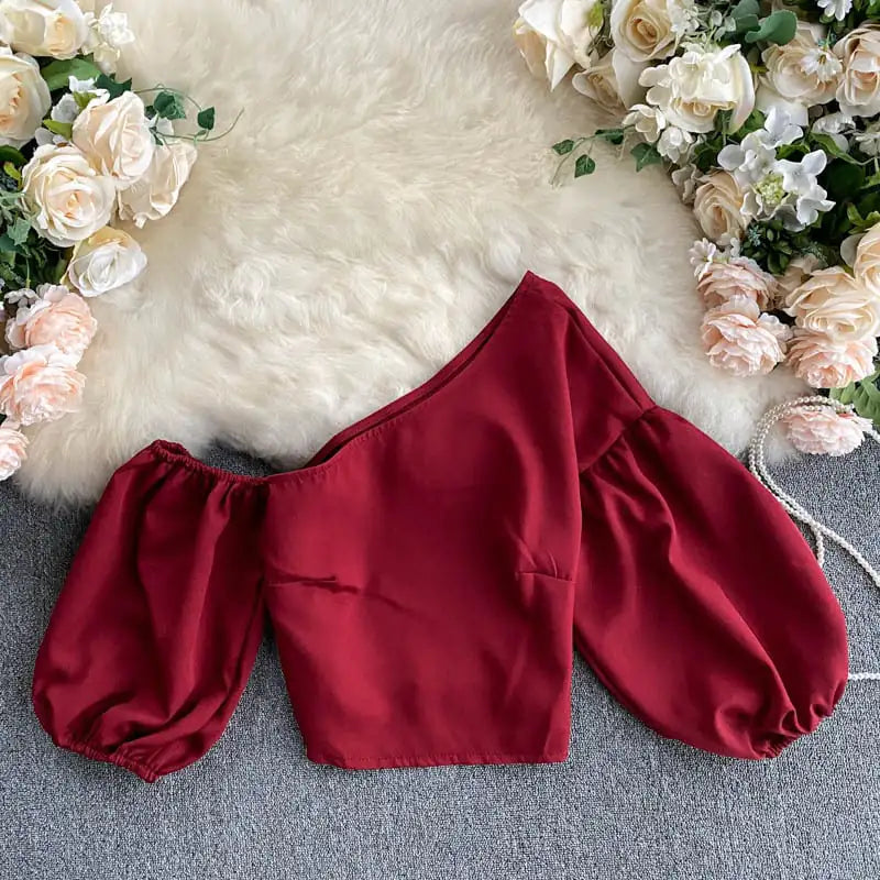 Oblique Collar Off-Shoulder Puff Sleeve Crop Top