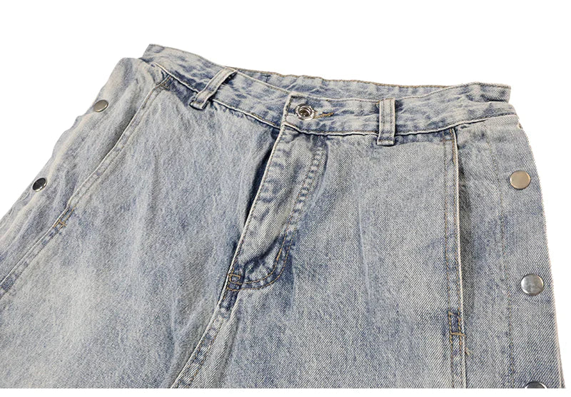 Vintage Washed Side-Button Straight-Leg Loose Denim Pants