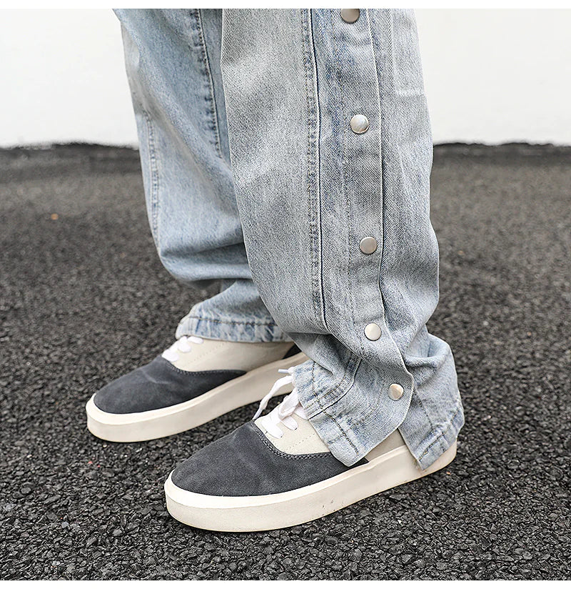 Vintage Washed Side-Button Straight-Leg Loose Denim Pants