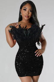 Elegant Black Sequin Feather-Trimmed Mini Dress