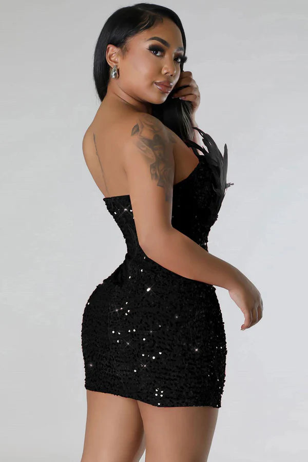 Elegant Black Sequin Feather-Trimmed Mini Dress