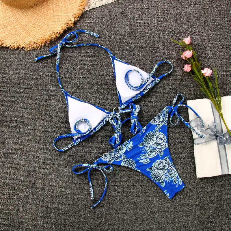 Three-Ring Strappy Printed Bikini Set