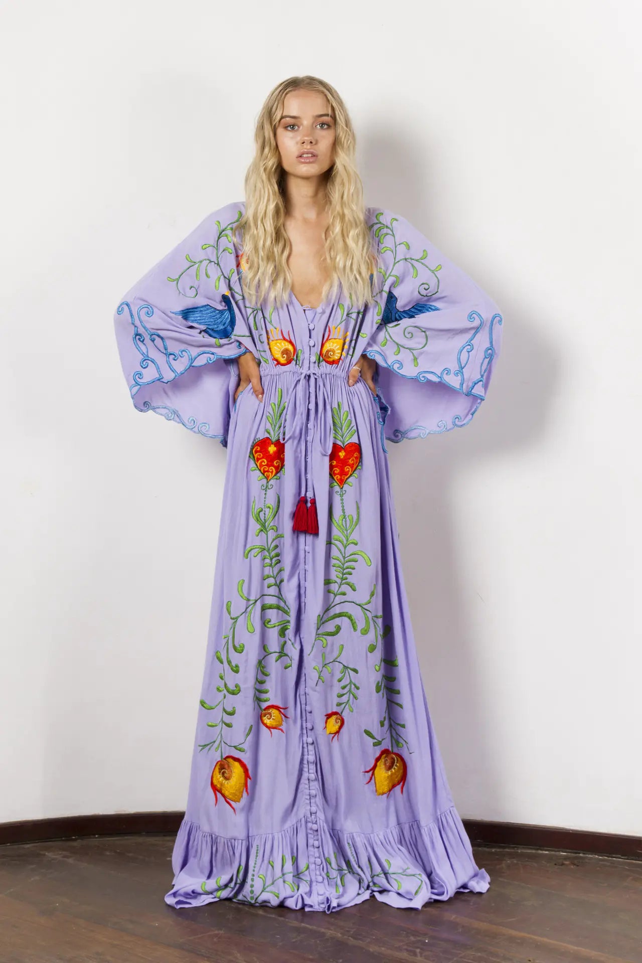 Bohemian Floral Embroidered Tassel Maxi Dress