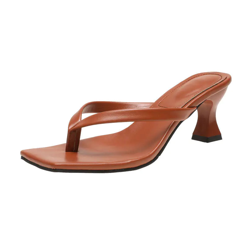 Square-Head Kitten Heel Cow Leather Beach Sandals