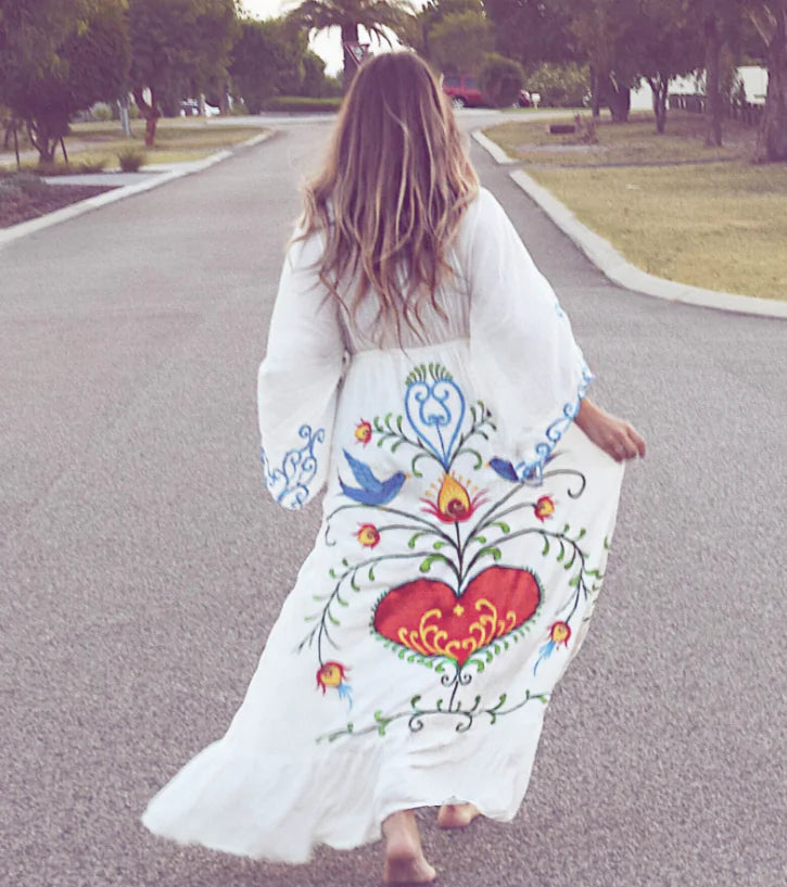 Bohemian Floral Embroidered Tassel Maxi Dress