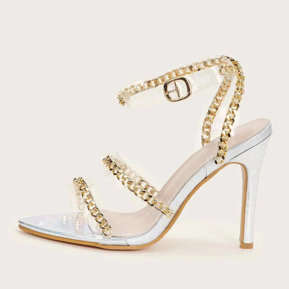 Chain Vamp Pointed Toe Stiletto High Heel Sandals
