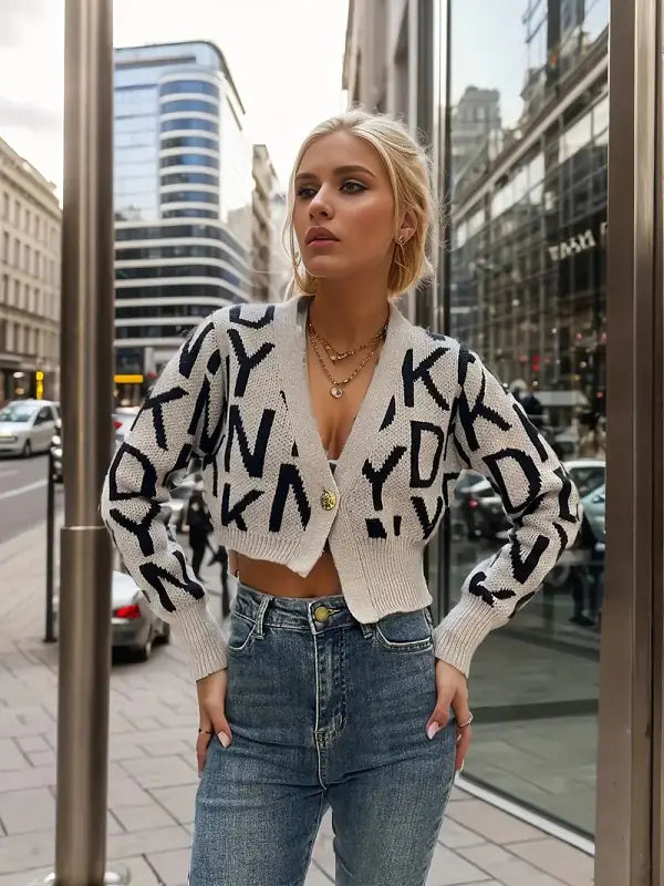 Letter Pattern Knit Cardigan Long Sleeve Crop