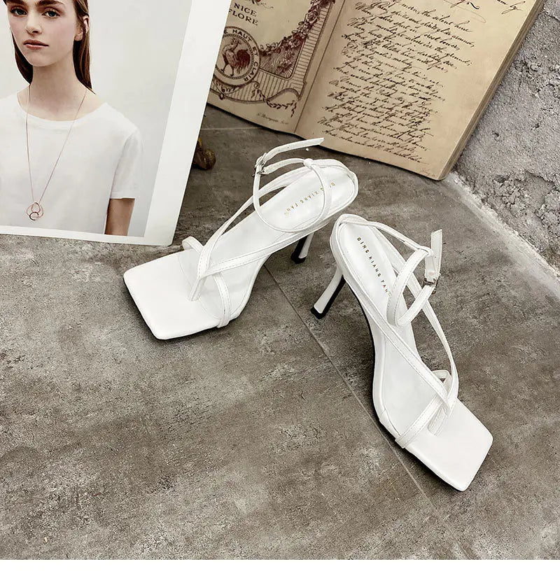 Square Toe Adjustable Ankle High-Heel Sandals