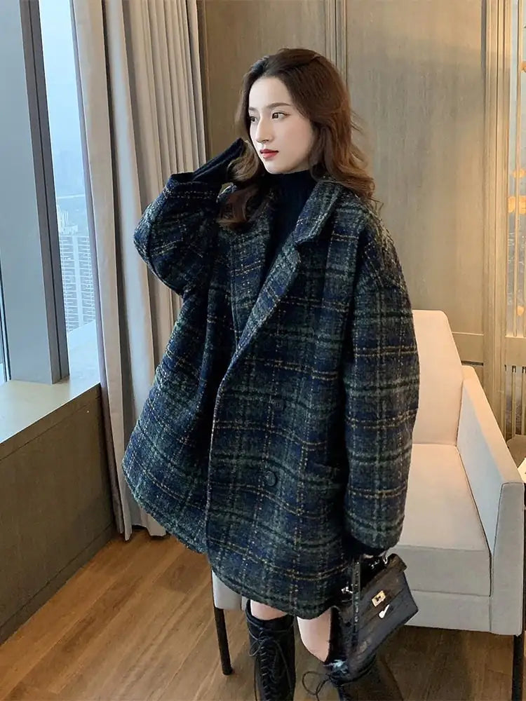 Loose Plaid Tweed Mid-Length Coat