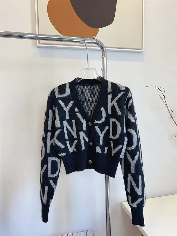 Letter Pattern Knit Cardigan Long Sleeve Crop