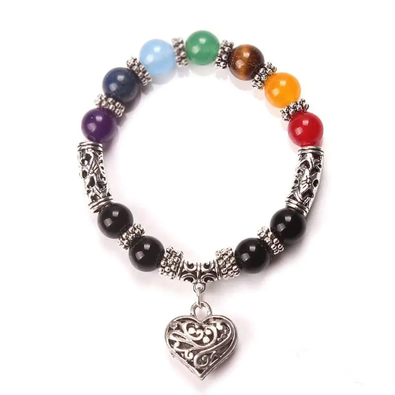 10mm Rainbow Chakra Natural Agate Stone Heart Bracelet Spiritual Elegance