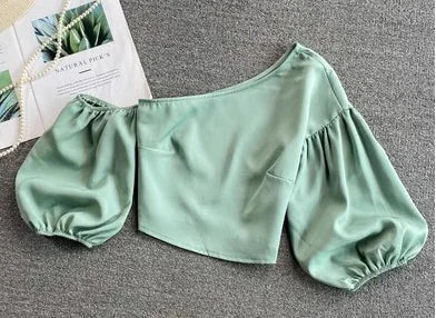 Oblique Collar Off-Shoulder Puff Sleeve Crop Top