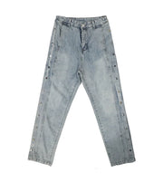Vintage Washed Side-Button Straight-Leg Loose Denim Pants