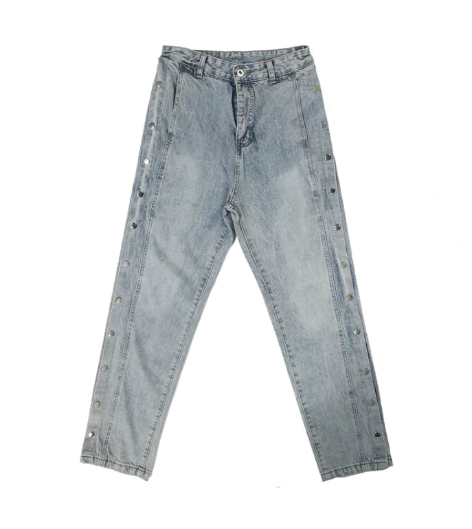 Vintage Washed Side-Button Straight-Leg Loose Denim Pants